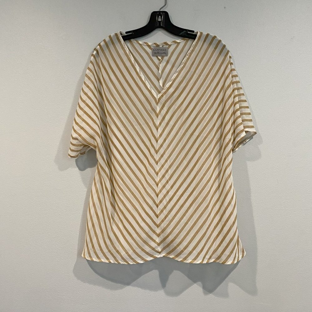 Sapphire Silhouette Gold and White Striped Sheer Blouse - Size Medium?